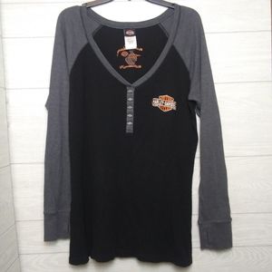 Harley Davidson Black and Grey Long Sleeve Thermal Top